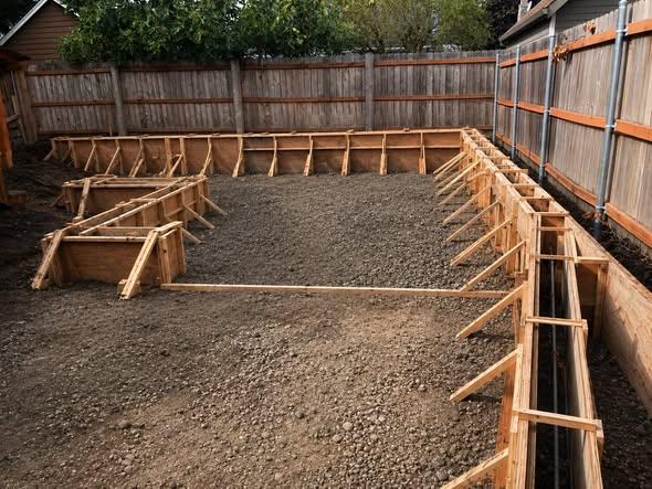 Formwork and stem walls set with bracing on a prepared gravel pad